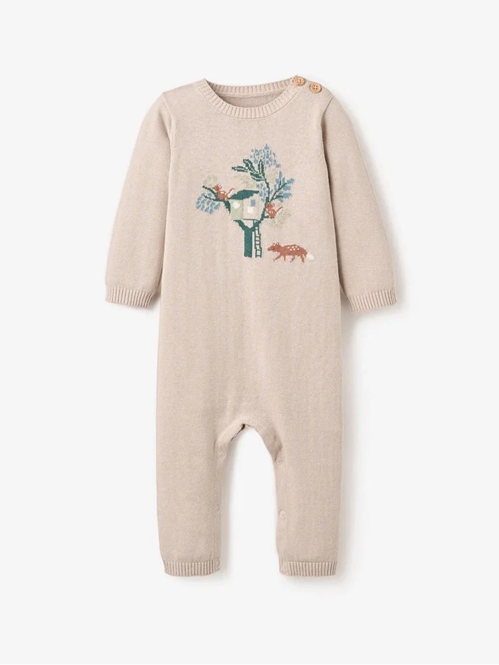 Elegant Baby Knit One-Piece Sweater Romper in Taupe with Fox Treehouse Design